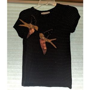 Mango beaded gold stripe black T-shirt with birds
